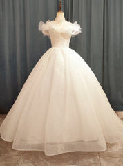 White Tulle Off the Shoulder Pearls Wedding Dress