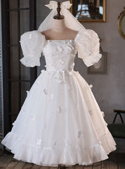 White Tulle Puff Sleeve Flower Wedding Dress