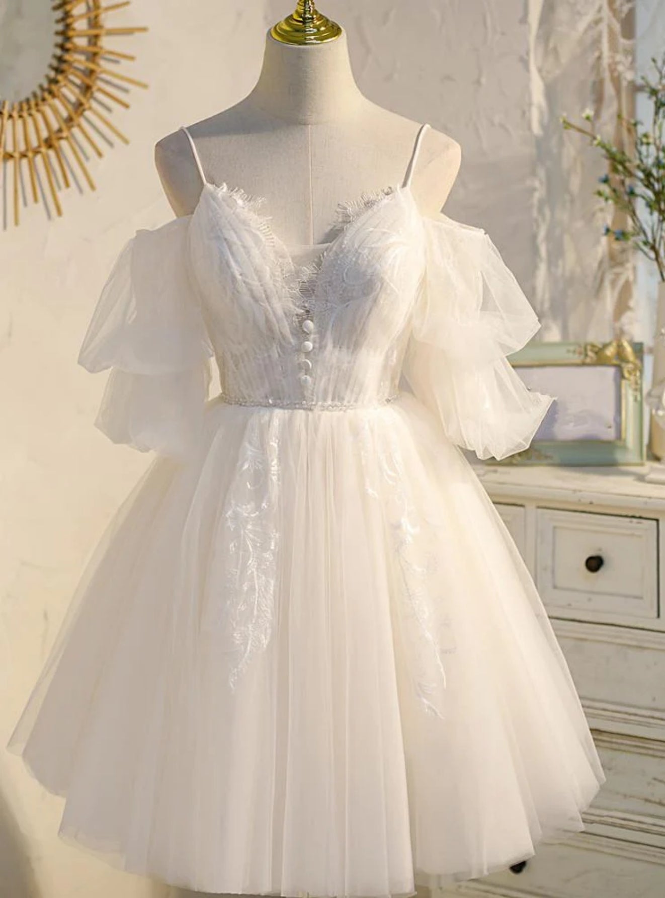 White Tulle Puff Sleeve Homecoming Dress