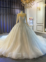 White Tulle Sequins Beading Long Sleeve Wedding Dress