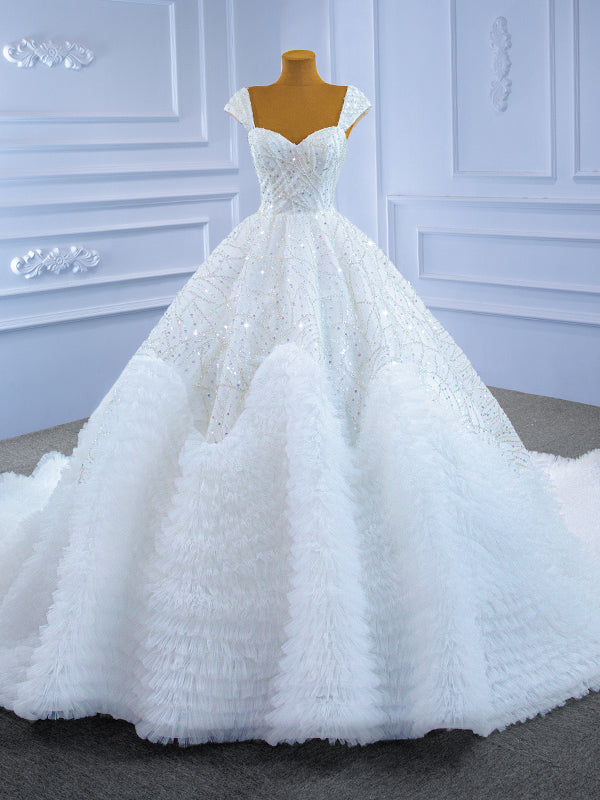 White Tulle Sequins Beading Straps Wedding Dress