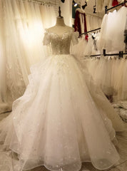 White Tulle Sequins Beading Wedding Dress With Train