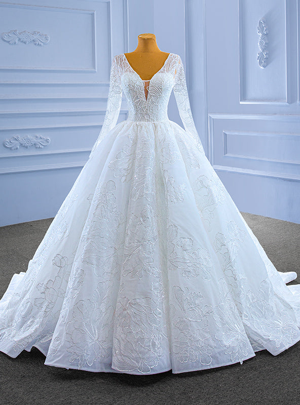 White Tulle Sequins V-neck Long Sleeve Beading Wedding Dress