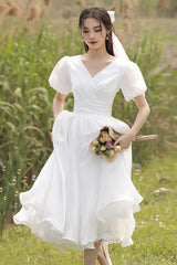 White Organza Short Prom Dress, A-Line Short Wedding Dresses