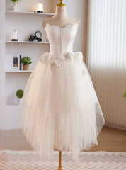 White Tulle Strapless Flower Wedding Dress