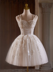 White Tulle Straps Beading Lace Homecoming Dress