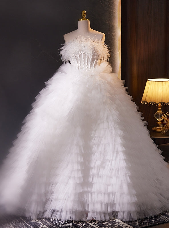 White Tulle Tiers Strapless Pearls Wedding Dress