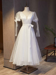 White Tulle V-neck Puff Sleeve Prom Dress With Belt