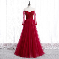 Wine Red Long Sleeves Beaded Tulle Evening Gown A-line Wine Red Long Prom Dress prom dresses shops