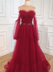 Wine Red Off Shoulder Beaded Long Formal Dress Wine Red Evening Dress prom dresses shops