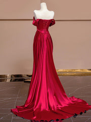 Wine Red Off Shoulder Satin Long Evening Dress, Wine Red Prom Dress