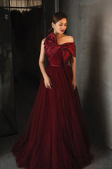 Wine Red Satin and Tulle A-line Simple Prom Dress, Floor Length Party Dress