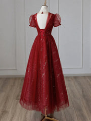 Wine Red Tulle Short Sleeves Long Party Dress Wine Red Evening Gown prom dresses shops