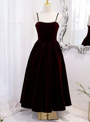 Wine Red Velvet Tea Length Party Dress, Wine Red Straps Homecoming Dress