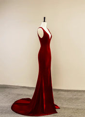 Wine Red Velvet V-neckline Long Party Dress, A-line Velvet Evening Dress with Slit