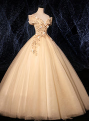 With 28 Colors Available. Champagne Ball Gown Tulle Appliques Off the Shoulder Quinceanera Dress