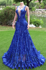 Women Sequined Royal Blue Prom Dresses Sleeveless Cocktail Party Gowns Light Luxury Luxury Evening Dresses