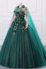 Women's Beaded Applique Tulle Emerald Green Prom Ball Gowns Quinceanera Dress A-Line Wedding Bridesmaid Eveniing Dresses