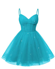 Women's V Neck Tulle Spaghetti Straps Aqua Blue Homecoming Dresses with Corset Back Short Prom Gowns for Teens