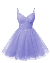 Women's V Neck Tulle Spaghetti Straps Lavender Homecoming Dresses with Corset Back Short Prom Gowns for Teens