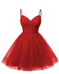 Women's V Neck Tulle Spaghetti Straps Red Homecoming Dresses with Corset Back Short Prom Gowns for Teens