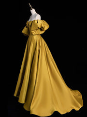 Yellow A-line Satin Long Prom Dress, Yellow Long Evening Dress