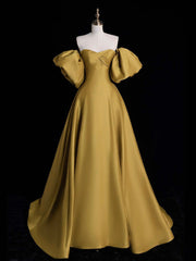 Yellow A-line Satin Long Prom Dress, Yellow Long Evening Dress