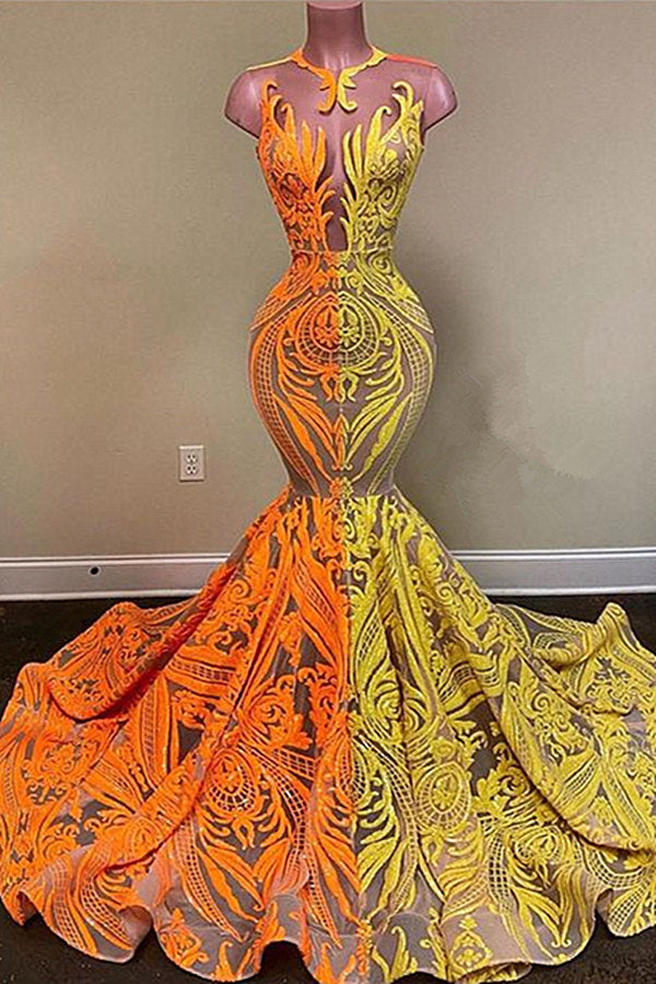 Yellow and Orange Mermaid Prom Dress Lace Long On Sale