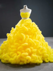 Yellow Ball Gown Tulle Ruffles Sweetheart Crystal Prom Dress