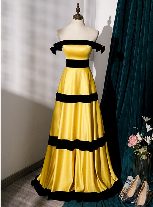 Yellow Satin Off the Shoulder Prom Dress