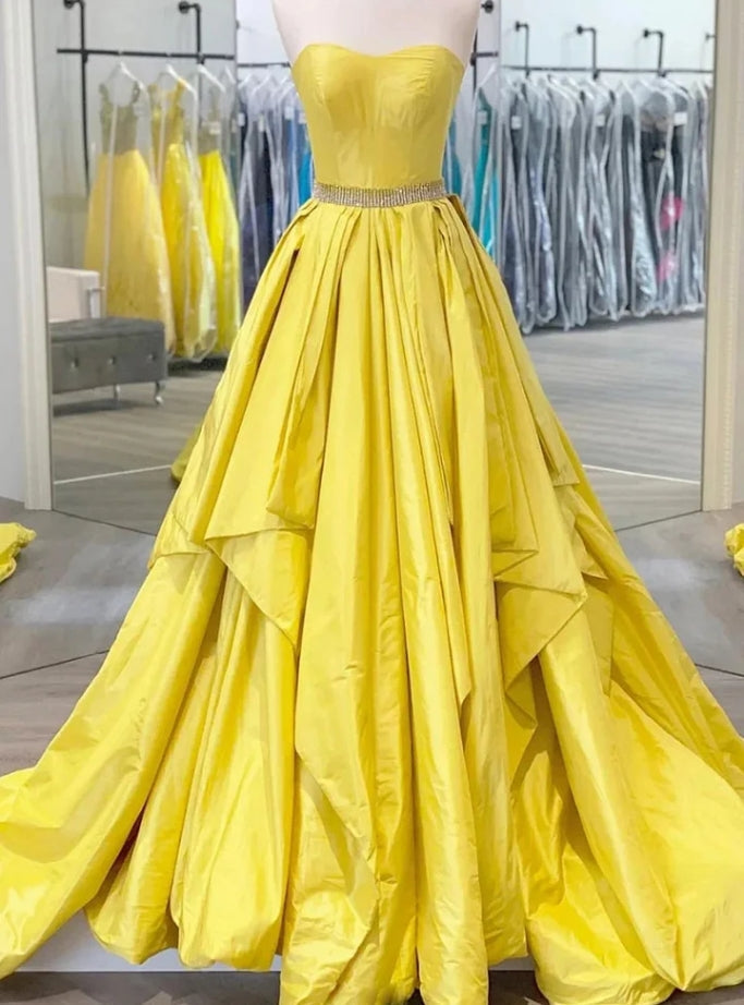 Yellow Satin Sweetheart Prom Dress with Beading