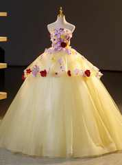 Yellow Tulle Colorful Flower Strapless Princess Dress