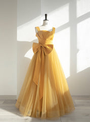 Yellow Tulle Straps Bow Pleats Prom Dress