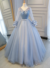 You Are Sure To Find The Perfect Blue Ball Gown Tulle Long Sleeve V-neck Pleats Appliques Quinceanera Dress