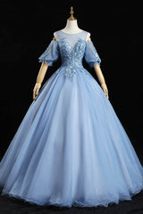 Homecoming Dresses Ideas, Blue Lace Long A-Line Prom Dresses, Blue Evening Dresses