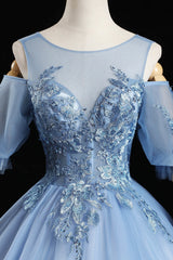 Homecoming Dresses Idea, Blue Lace Long A-Line Prom Dresses, Blue Evening Dresses