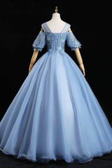 Homecoming Dress Idea, Blue Lace Long A-Line Prom Dresses, Blue Evening Dresses