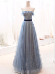 Formal Dress For Graduation, Blue Tulle Long Prom Dress, A-Line Strapless Evening Party Dress