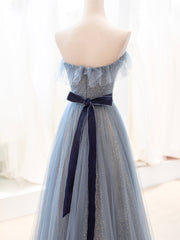 Formal Dresses Floral, Blue Tulle Long Prom Dress, A-Line Strapless Evening Party Dress