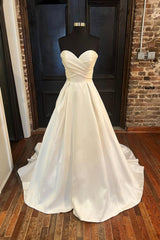 Formal Dress Shops Near Me, White Satin Long Prom Dress, A-Line Sweetheart Neck Evening Dress