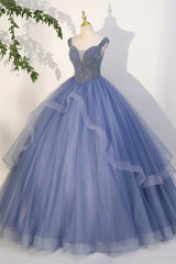 Homecomming Dresses Cute, Blue Beaded Tulle Long A-Line Prom Dress, Blue Formal Evening Dress