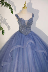 Homecoming Dresses Cute, Blue Beaded Tulle Long A-Line Prom Dress, Blue Formal Evening Dress