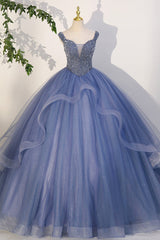 Homecoming Dress Cute, Blue Beaded Tulle Long A-Line Prom Dress, Blue Formal Evening Dress