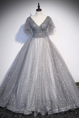 Prom Dresses Sleeves, Grey V-Neck Tulle Long Prom Dresses, A-Line Evening Dresses