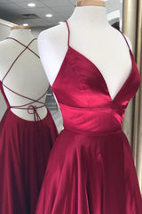 Party Dress For Babies, Burgundy Satin Long Prom Dresses, A-Line Backless Evening Dresses