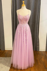 Prom Dress Near Me, Pink Lace Tulle Lace-Up Back A-Line Prom Dress