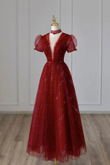 Party Dresses Winter, Burgundy Tulle Sequins Tea Length Prom Dress, A-Line Evening Dress