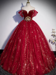 Wedding Color Palette, Burgundy Tulle Sequin Long Prom Dress, Burgundy Tulle Formal Dress