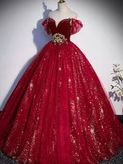 Bridesmaid Dresses Velvet, Burgundy Tulle Sequin Long Prom Dress, Burgundy Tulle Formal Dress
