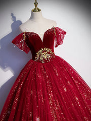 Bridal Dress, Burgundy Tulle Sequin Long Prom Dress, Burgundy Tulle Formal Dress